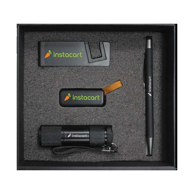 WGS-13 - Black Cardboard Gift Box With Black Slide USB Flash Drive & Flash Light